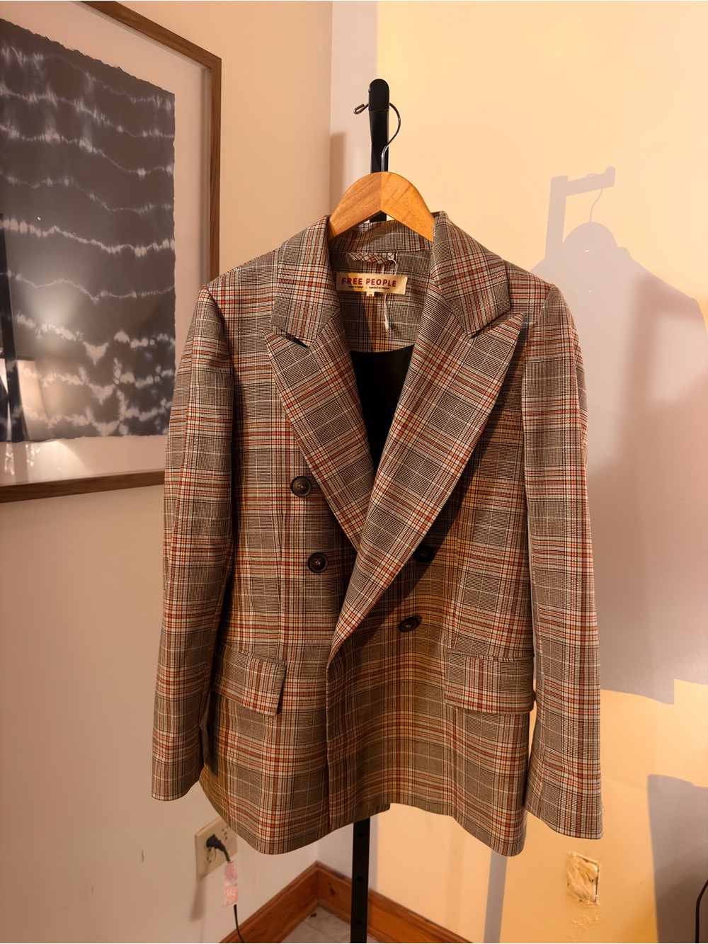 Free People Plaid Double-Breasted Blazer in Brown and Tan